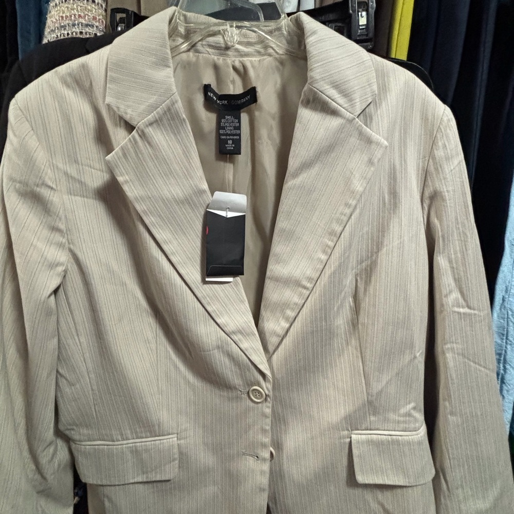 New York & Company Beige Pinstripe Blazer - Single-Button Women's Jacket